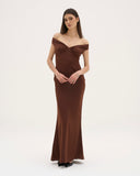 Athena - Robe longue en satin - Chocolat