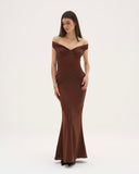 Athena - Robe longue en satin - Chocolat