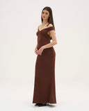 Athena - Robe longue en satin - Chocolat