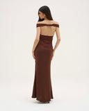 Athena - Robe longue en satin - Chocolat